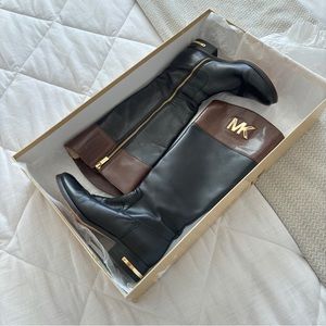 Michael Kors Tall Leather Boots, Black and Brown with Gold Details